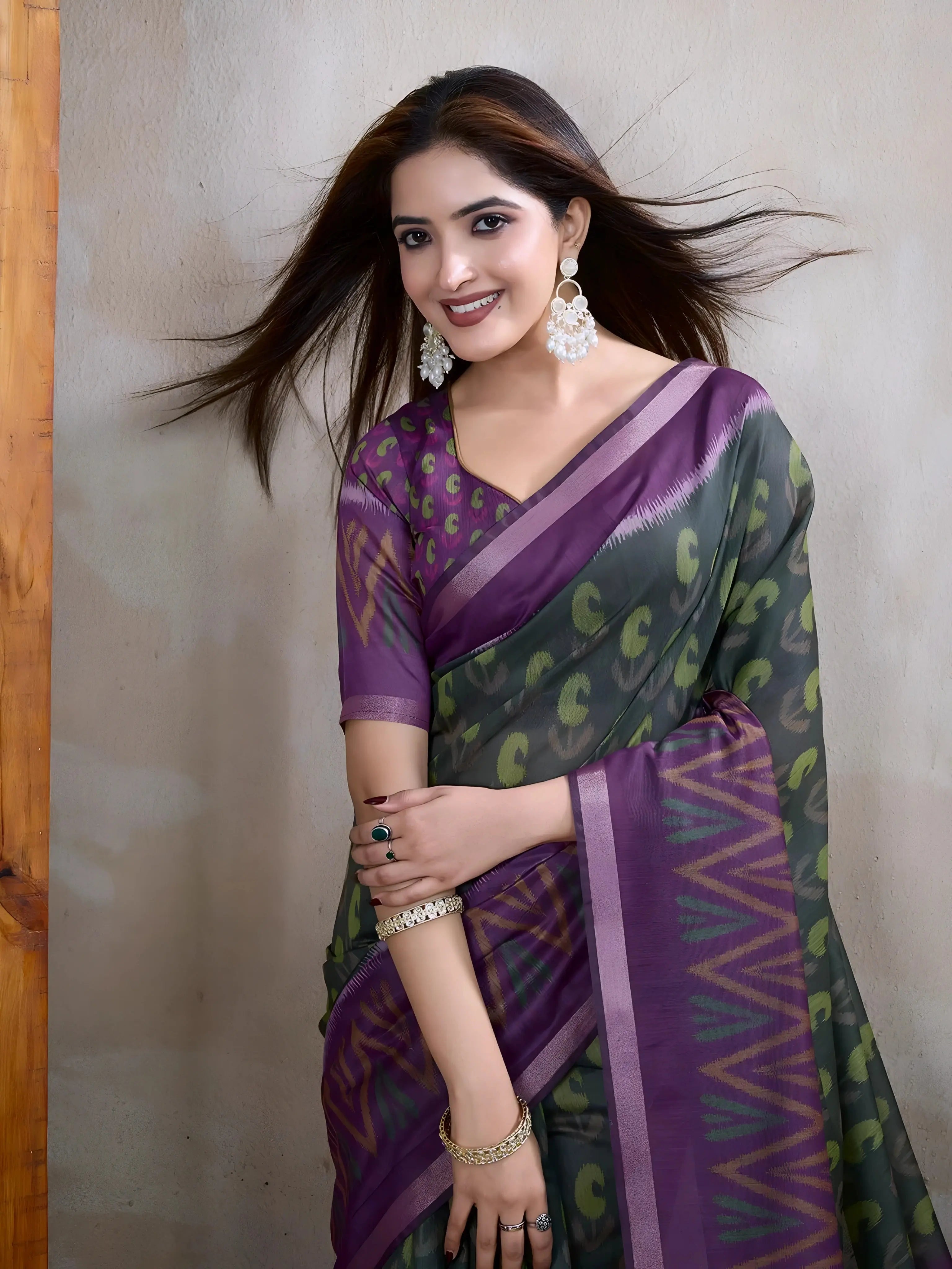 Purple Ikkat Print with Zari Woven Cotton Saree